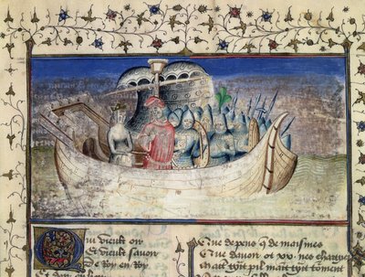Brutus, a trójai, Britanniába hajózik, Geoffrey of Monmouth (1100-54) Britannia királyainak története című művéből. alkotó: Master Wistace