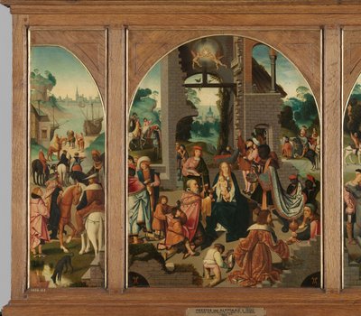 Triptichon a Mágusok imádatával (középen és belső szárnyakkal), Szent Antal apáttal (bal, külső szárny) és Szent Adriánnal (jobb, külső szárny) alkotó: Master of Alkmaar (attributed to)