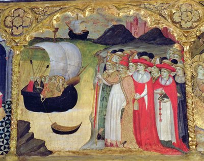 Ciriaco pápa és udvara fogadja a szentet és szolgálólányait a „Predela de Santa Ursula”-ból (tempera a panelen) alkotó: Master of Castellitx