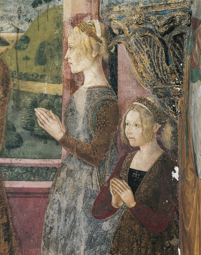 Olaszország, Piemont régió, Alessandria tartomány, Serralunga di Crea, Sacro Monte di Crea, Santa Maria Assunta szentély, Antiochiai Szent Margit kápolna, Paleologót és Bernarda di Bosse-t ábrázoló freskó alkotó: Master of Crea