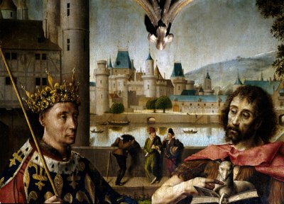 Krisztus keresztre feszítése Keresztelő Szent János, Szent Dénes, I. Nagy Károly (Nagy Károly), IX. Lajos (Szent Lajos), Sainte Madeleine, Sainte Marthe által körülvett kereszten - Szent Lajost és Keresztelő Szent Jánost ábrázoló részlet - P oltárképe alkotó: Master of Dreux Bude (active c.1425 d.1450)
