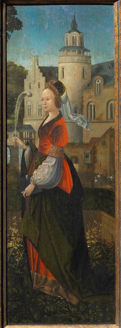 Szent Borbála. Szent család angyalokkal és szentekkel Katalin és Barbara Triptichon, 16. század. alkotó: Master of Hoogstraeten