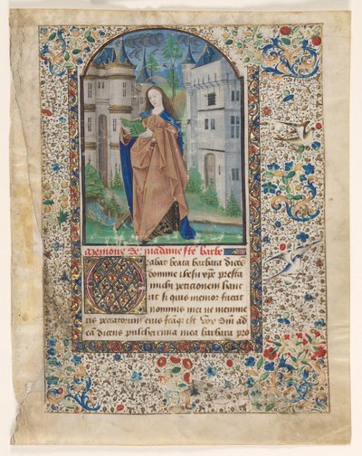 Levél az órák könyvéből: Szent Borbála (2/2 kivágott levél) alkotó: Master of Jacques de Luxembourg