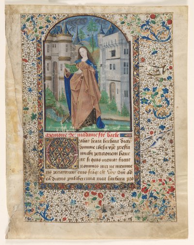 Levél az órák könyvéből: Szent Borbála 2/2 kivágott levél, c. 1465. alkotó: Master of Jacques de Luxembourg