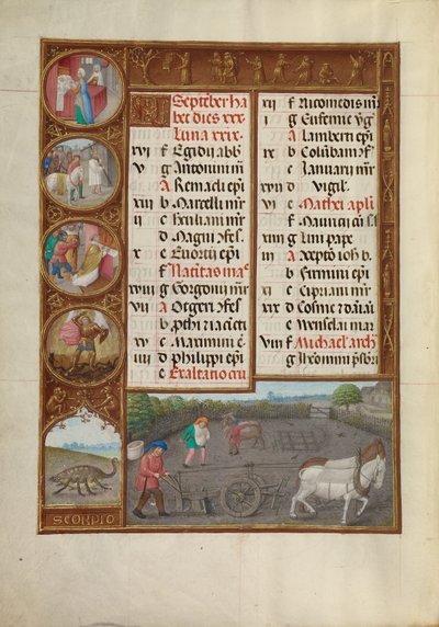 Szeptemberi naptár oldal; Szántás és vetés; Skorpió alkotó: Master of James IV of Scotland
