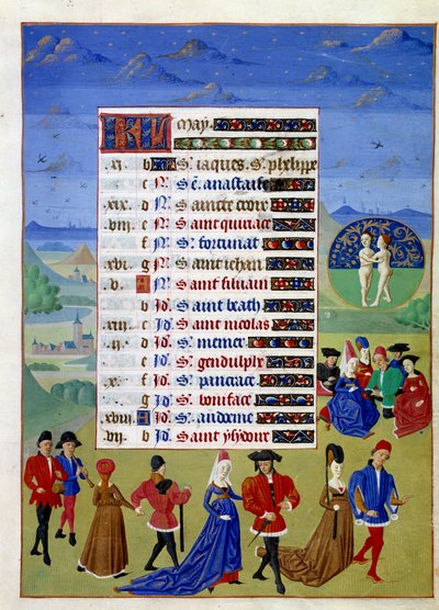 Május: sétálnak az udvaroncok. Megvilágított kéziratos oldal a „Burgundiai hercegnő, Savoyai Adelaide Órakönyvéből”, Savoyai Adelaide mestere (15. század) és Jean Rolin mestere (15. század) alkotó: Master of Jean Rolin II