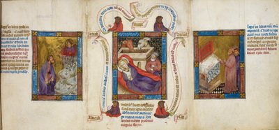 Három jelenet a „Születés”, „Mózes és az égő bokor” és az „Áron rúdjának bimbózása”, illusztráció a „Biblia Pauperum”-ból alkotó: Master of Margaret of Cleves