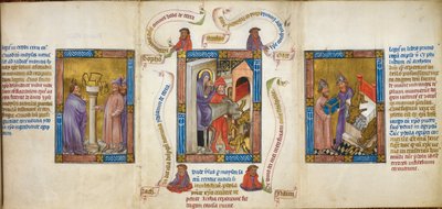 Három jelenet a „repülés Egyiptomba”, „Mózes, aki megtöri az aranyborjút” és a „Dagon a bárka előtt zuhan” ábrázolása, illusztráció a „Biblia Pauperum”-ból alkotó: Master of Margaret of Cleves