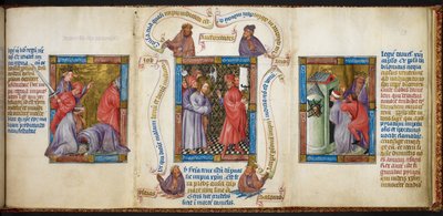 Három jelenet a „Próféták megölése”, „Krisztus Pilátus előtt” és „Dániel bebörtönzése” című jelenet, illusztráció a „Biblia Pauperum”-ból alkotó: Master of Margaret of Cleves