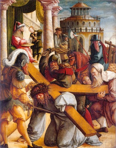 Német: Kreuztragung Christi und Handwaschung des Pilatus Kereszthordozó Krisztus és Pilátus kézmosása alkotó: Master of Messkirch