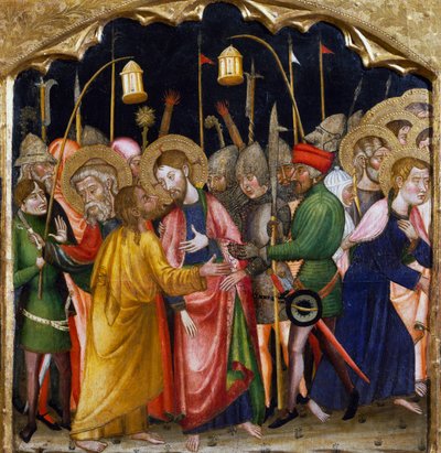 Júdás csókja, Rubio mestere (14. század), a Santa Maria templom oltárképének predellája, Rubio, fára festve. alkotó: Master of Rubió