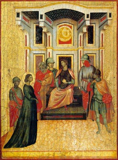 Szent Cecília a hitvallást állítja szembe a prefektussal, részlet Szent Cecília legendáját ábrázoló oltárképből, 1304 körül, Szent Cecília mesterétől (aktív 14. század eleje), tempera a táblán és aranylevél pecséttel, 85x181 cm alkotó: Master of Saint Cecilia