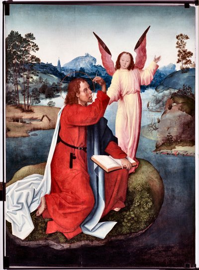 Epizód Szent János evangélista életéből: „” Patmosi Szent János”” (Szent János evangélista élete, Szent János patmoszban) San Giovanni evangelista (Szent János evangélista) mesterének festménye (XV. század vége) Mérete 120x90 cm Genes, Musei di Strada Nuo alkotó: Master of Saint John Evangelist