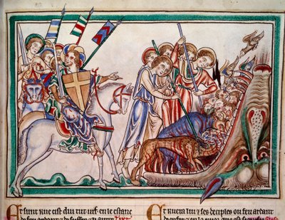 Az Úr és Armee (ost) kicsapja Betét és imádóit a pokolban. Minatúra az „Apocalypse historiee” kéziratból”, Folio 38. 1250. Sarum mesterének megvilágítása. Párizs, NL alkotó: Master of Sarum