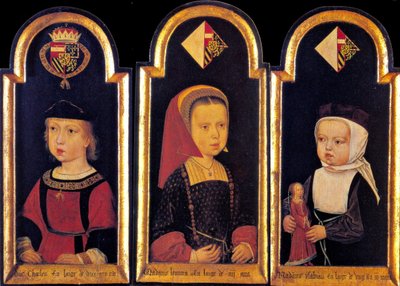 Károly főherceg, a későbbi V. Károly szent-római császár, nővéreivel, Eleonorral és Izabellával 2 évesen, 1502 alkotó: Master of St.Georgsgilde