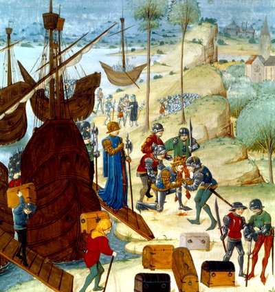 III. Edward király érkezése Saint Vaast La Hogue-ba 1346. július 12-én, illusztráció a Chroniques dAngleterre-ből alkotó: Master of Wavrin