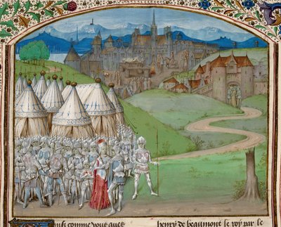 Royal 15 E. IV f.316v Izabella királynő és serege Hugh le Despenser holttestével a háttérben, illusztráció a Chroniques d