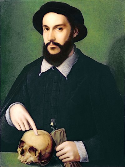 Egy úriember portréja jobb kezével egy koponyára mutat, 1540 körül alkotó: Master of the 1540s