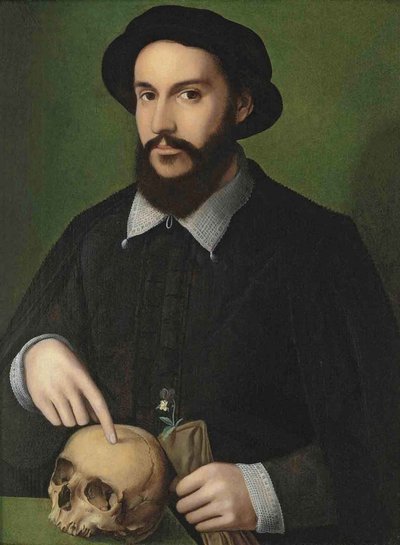 Egy férfi portréja, aki egy koponyára mutat alkotó: Master of the 1540s
