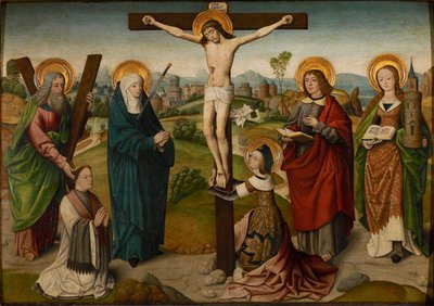 A keresztre feszítés szentekkel és adományozókkal, 1490-1495 körül. alkotó: Master of the Aachen Cabinet Doors