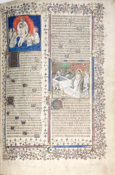 A Gotha Misekönyv: Fol. 1r, Szentháromság és feltámadás , c. 1375. alkotó: Master of the Boqueteaux