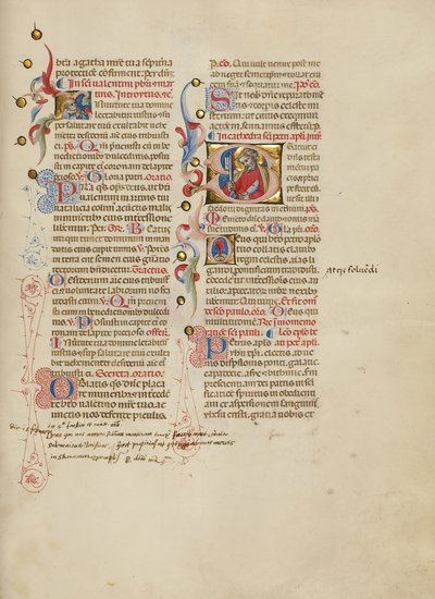 I-es kezdőbetű: Szent Valentinus; S-es kezdőbetű: Szent Péter. alkotó: Master of the Brussels Initials