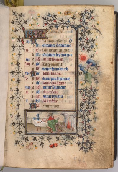 Nemes Károly navarrai király órái 1361-1425: fol. 1r, január, c. 1405. alkotó: Master of the Brussels Initials and Associates