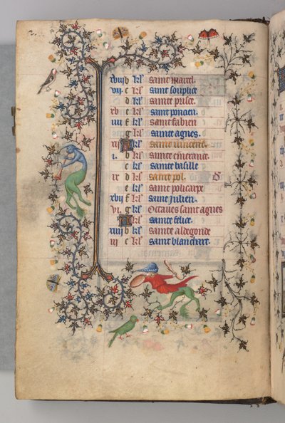 Nemes Károly navarrai király órái 1361-1425: fol. 1v, január, c. 1405. alkotó: Master of the Brussels Initials and Associates