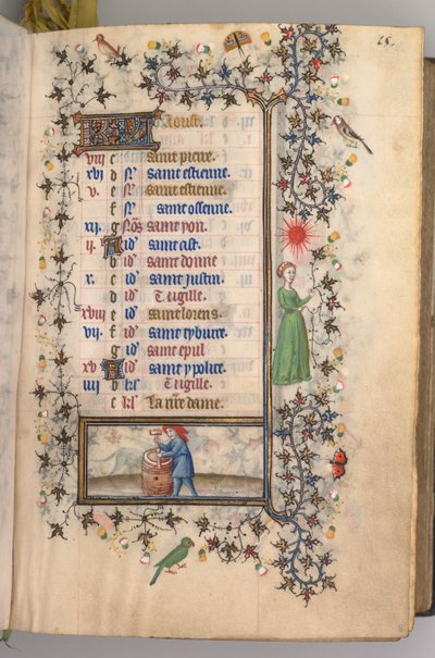 Nemes Károly navarrai király órái 1361-1425: fol. 8r, augusztus, c. 1405. alkotó: Master of the Brussels Initials and Associates