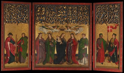 A Burg Weiler-oltár Triptichon-oltárképe a Szűzanyával és a gyermekével és a szentekkel, kb. 1470. alkotó: Master of the Burg Weiler Altar