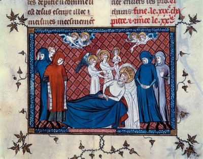 Szent Lajos halála Tuniszban, 1270. augusztus 25-én. miniatűr a „Szent Lajos élete és csodái” című kéziratból (277. oldal), Mahiet megvilágította és Saint-Pathusi Vilmos írta alkotó: Master of the Cambrai Missal Mahiet