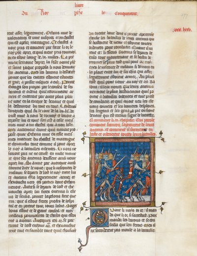 Royal 16 G. VI, f.377 Francia hadsereg menetben Bouvines felé, a „Les Grandes chroniques de France”-tól, 1332-50 körül (tinta, szín és arany pergamen) alkotó: Master of the Cambrai Missal Mahiet