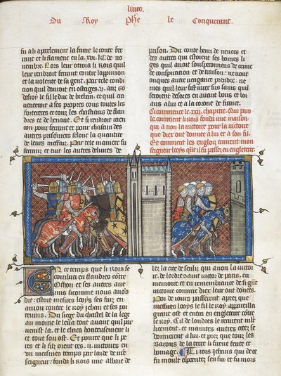 Royal 16 G. VI f.385 Egy csata Jánossal, angol királlyal és VIII. Lajossal menet közben, a Les Grandes chroniques de France-ból, 1332-50 körül (tinta, szín és arany pergamen) alkotó: Master of the Cambrai Missal Mahiet