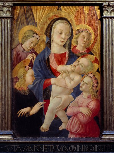 A szűz és a gyermek négy angyallal körülvéve. Festmény Castello születésének mesteréről Ec. Ital. alkotó: Master of the Castello Nativity