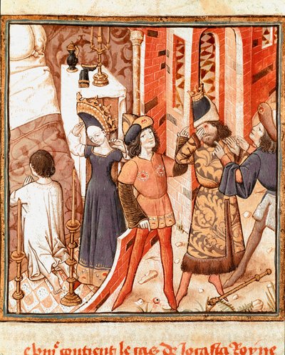 Jocaste, Théba királynőjének legendája. Oidipusz, vak, miután rájött, hogy megöli saját apját, a Hölgyek Bajnokának mesterének miniatűrje (15. század) Giovanni Boccaccio (Jean Boccaccio) (1313-1375) „” Des hommes illustres”” kéziratából. 15 alkotó: Master of the Champion des Dames