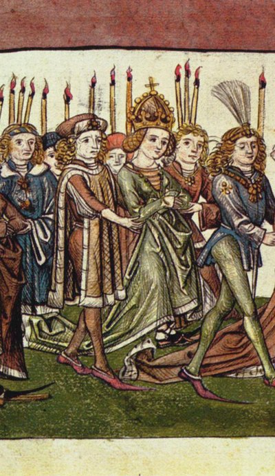 Erzsébet luxemburgi királynő. Részlet Richental Illustrated Chronicle c. 1440 alkotó: Master of the Chronicle of the