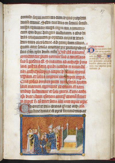 Cotton Tiberius B.VIII f.59 A reimsi érsek a koronát a király fejére helyezi, „V. Károly francia király koronázási könyvéből” alkotó: Master of the Coronation Book of Charles V