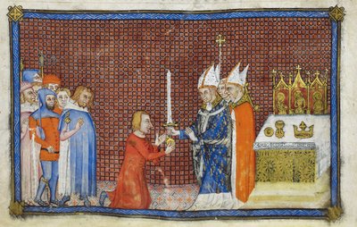 Cotton Tiberius B. VIII f.49v A reimsi érsek visszaadja a kardot a királynak, illusztráció „V. Károly francia király koronázási könyvéből” alkotó: Master of the Coronation Book of Charles V