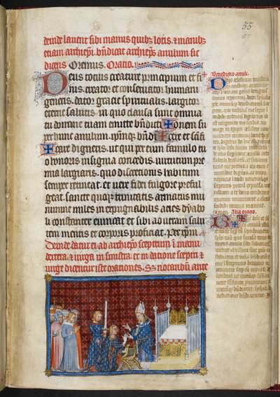 Cotton Tiberius B. VIII f.57r A gyűrűt átvevő király "V. Károly francia király koronázási könyve" alkotó: Master of the Coronation Book of Charles V