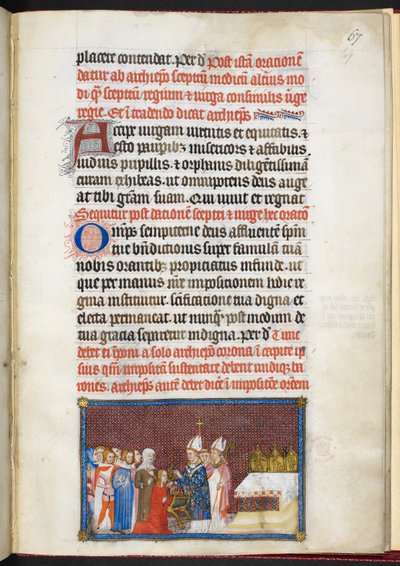 Cotton Tiberius B. VIII f.69r A királynő a jogart és a virgát kapja, V. Károly francia király koronázási könyvéből alkotó: Master of the Coronation Book of Charles V