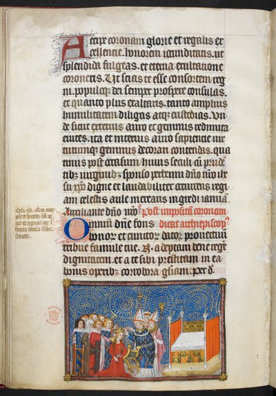 Cotton Tiberius B. VIII f.69v A reimsi érsek a koronát a királynő fejére helyezi, a bárók pedig megtartják a koronáját, illusztráció „V. Károly francia király koronázási könyvéből” alkotó: Master of the Coronation Book of Charles V