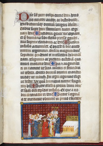 Cotton Tiberius B. VIII f.70r A királynő koronáját fenntartó bárók, V. Károly francia király koronázási könyvéből alkotó: Master of the Coronation Book of Charles V