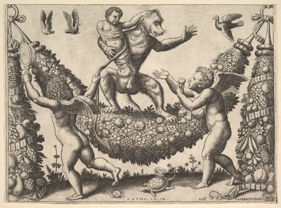 Kötözött puttót tartó majom füzéren állva, amely előtt két szárnyas p..., 1530-60. alkotó: Master of the Die