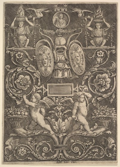 Dísztábla, alsó szakaszon bőségszarukon álló putti, 1530-60. alkotó: Master of the Die