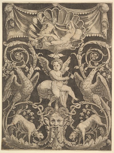 Dísztábla, közepén puttóval szélmalmot tartva, 1532. alkotó: Master of the Die