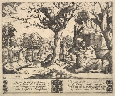 Egy főnix ült egy fa tetején, szárnyai nyitva, alul egy sor állat, 1530-60. alkotó: Master of the Die