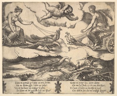 A házasság és a szerelem allegóriája, Junó a pávák által vont szekéren balra, Vénusz egy ..., 1530-60. alkotó: Master of the Die