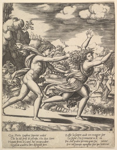 Apolló üldözi Daphnét, aki felemeli a karját, a háttérben jobbra az anyuka..., 1530-60. alkotó: Master of the Die