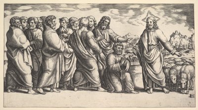 A bal oldalon álló Krisztus egy juhnyájra mutat, előtte térdel Szent Péter hol..., 1530-60. alkotó: Master of the Die