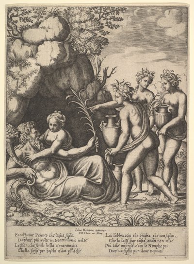 Daphne apját, Peneust folyóistent ölelve balra három nimfa tégelyt hoz..., 1530-60. alkotó: Master of the Die